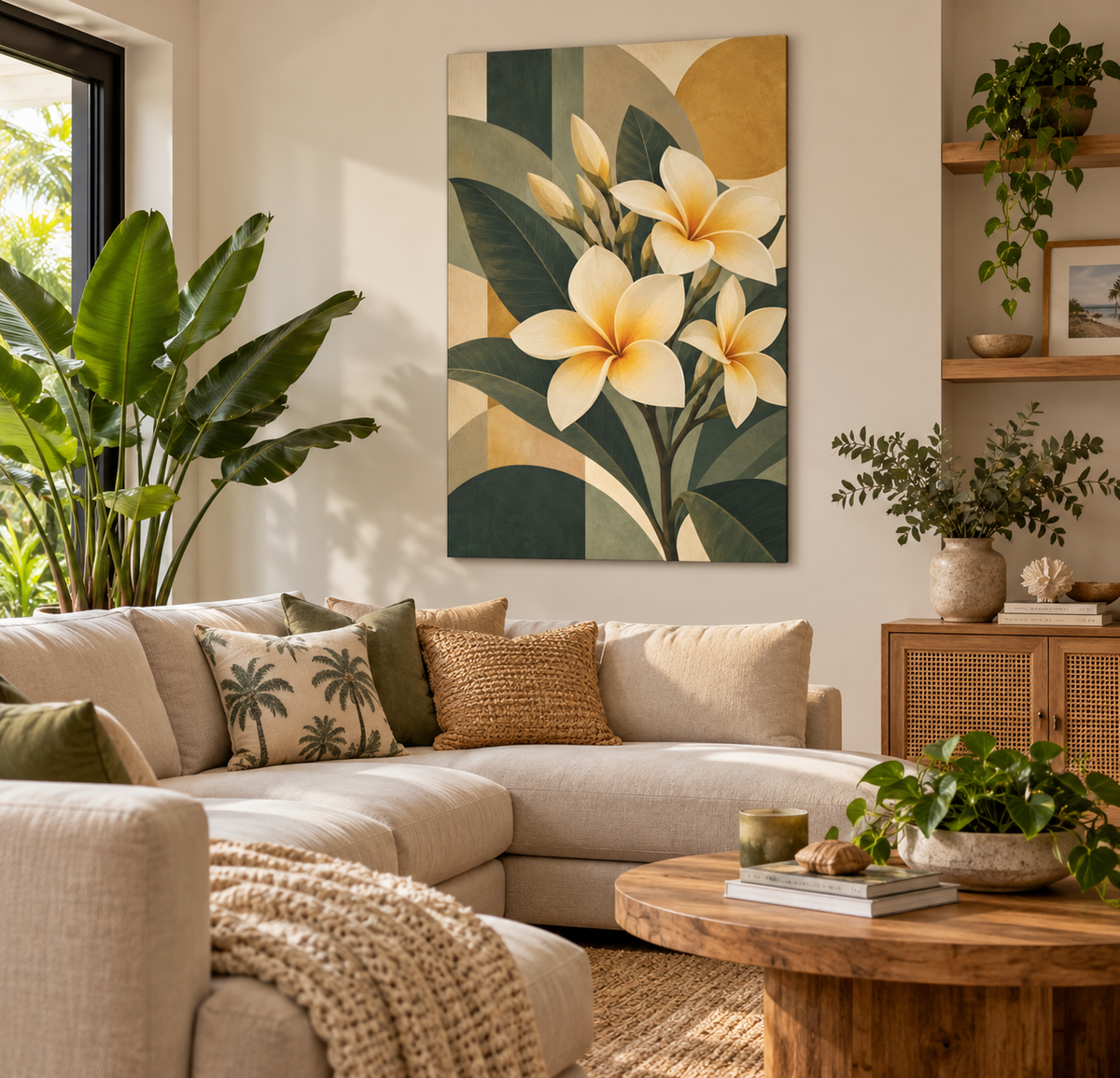 A vertical canvas wall art print featuring cream plumeria flowers and green leaves on an abstract geometric background, displayed in a modern, sunlit living room above a beige sectional sofa.