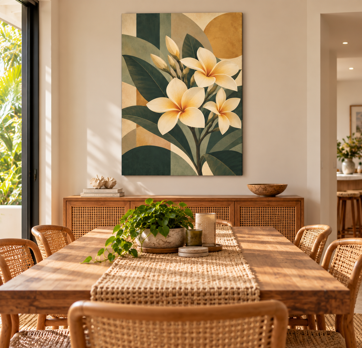 A large vertical canvas print featuring a stylized floral design with plumeria flowers and leaves, displayed on a beige wall above a wooden dining table with woven chairs in a bright, modern dining room.