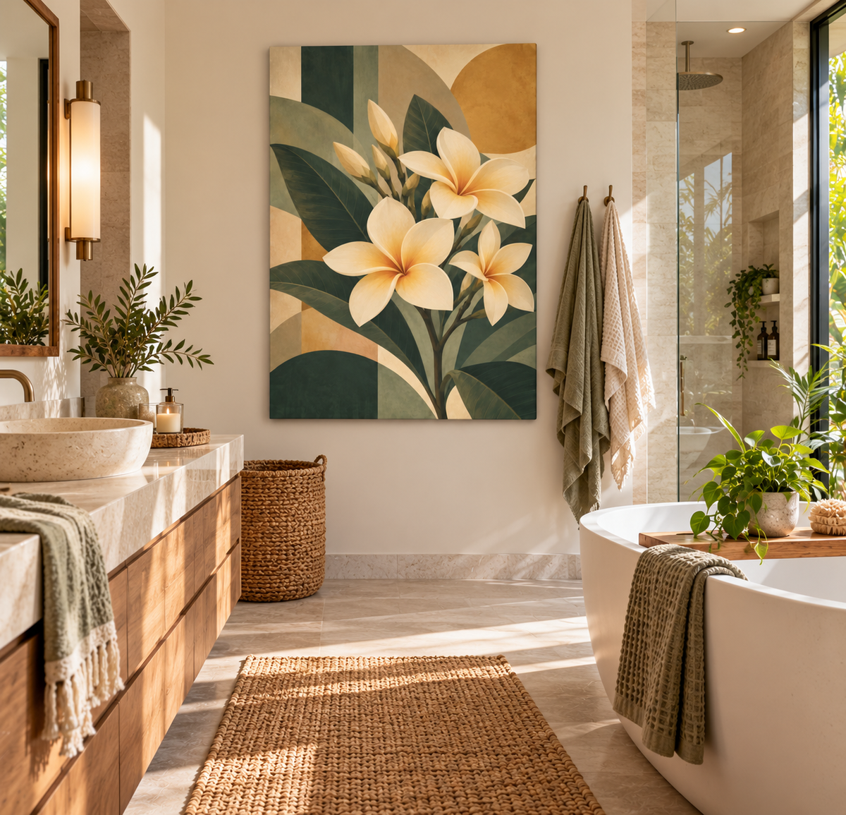 A large vertical canvas wall art print featuring cream plumeria flowers and green leaves on a beige and dark teal background, styled in a modern, sunlit bathroom next to a bathtub and double vanity.