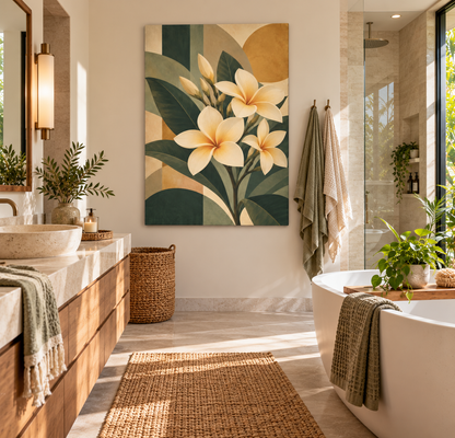 A large vertical canvas wall art print featuring cream plumeria flowers and green leaves on a beige and dark teal background, styled in a modern, sunlit bathroom next to a bathtub and double vanity.