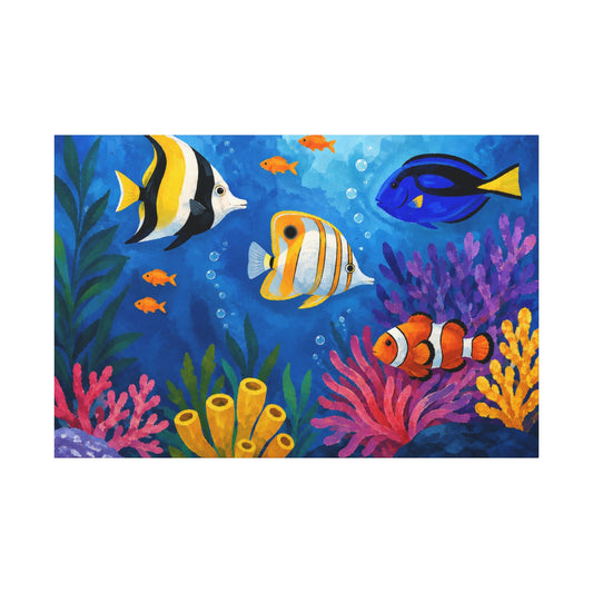 Colorful underwater scene with fish and coral on a blue background
