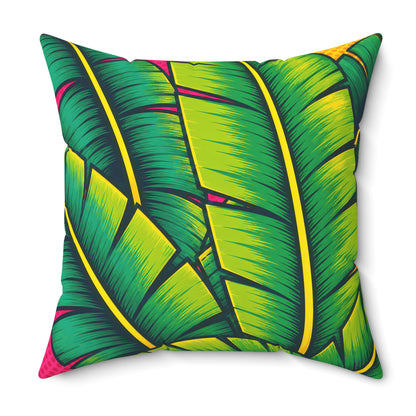 Decorative pillow with vibrant green and yellow leaf pattern on a white background