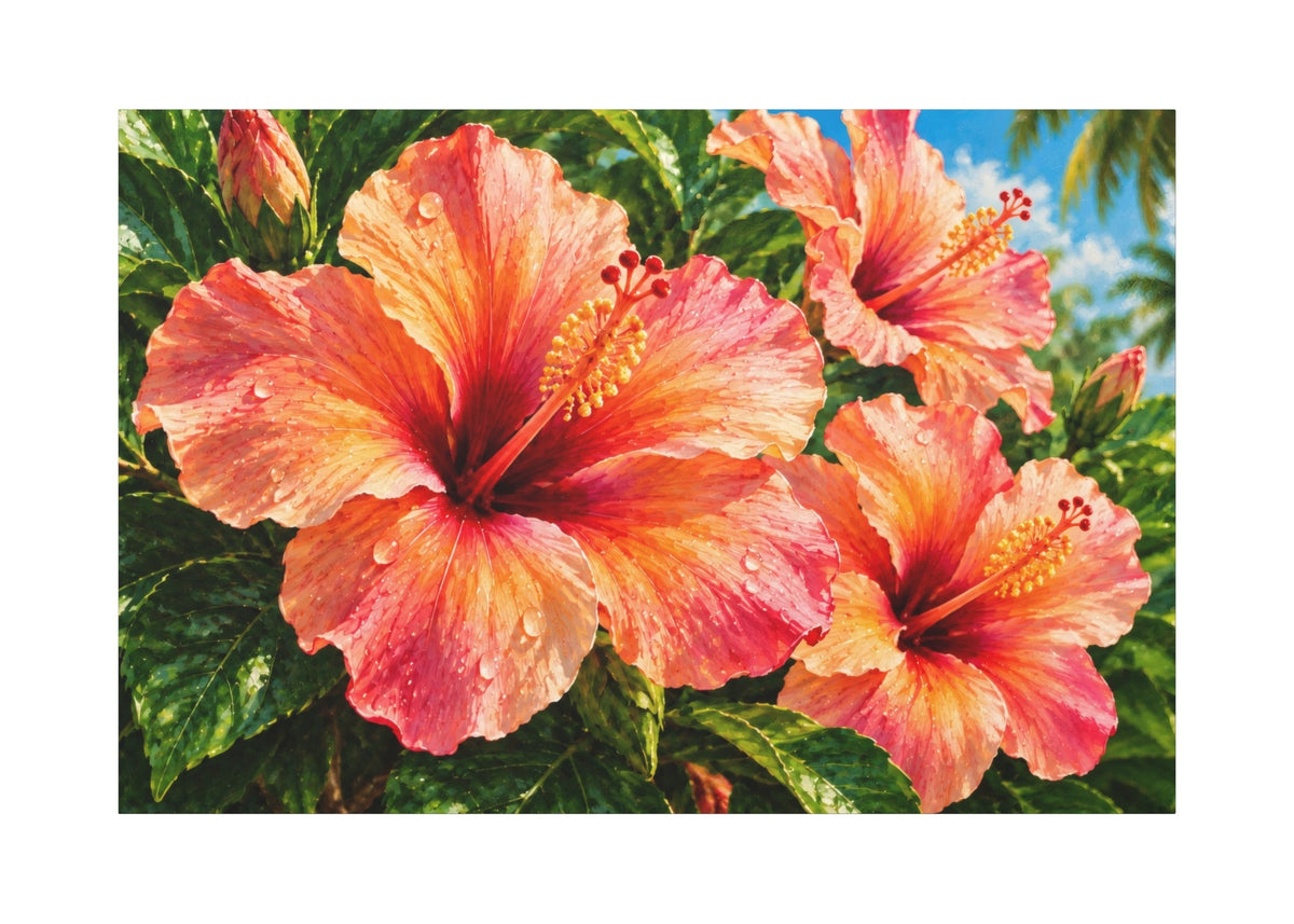 A rectangular wall art print featuring a close-up tropical floral scene with large pink and orange hibiscus flowers, green leaves, and a small patch of blue sky, shown against a white background.