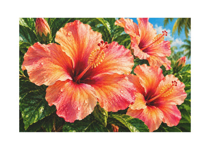 A rectangular wall art print featuring a close-up tropical floral scene with large pink and orange hibiscus flowers, green leaves, and a small patch of blue sky, shown against a white background.