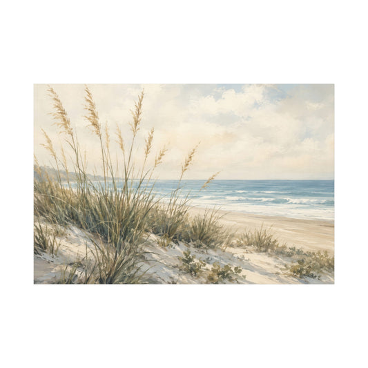 A square art print depicting a serene beach dune scene with tall beach grass in the foreground, white sand, gentle waves, and a cloudy sky.