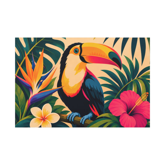 A colorful tropical art print featuring a toucan perched among palm leaves, a bird of paradise flower, and a pink hibiscus flower on a cream background.