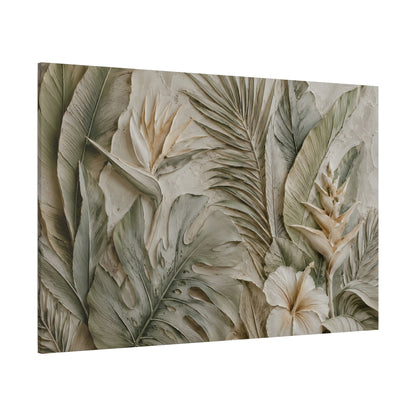 Decorative wall art with tropical leaf and flower design on a white background