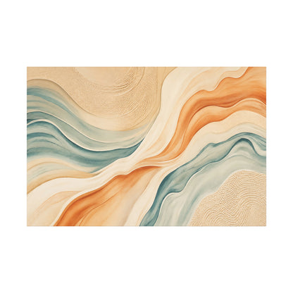 Abstract art print with wavy patterns in beige, orange, and blue on a white background