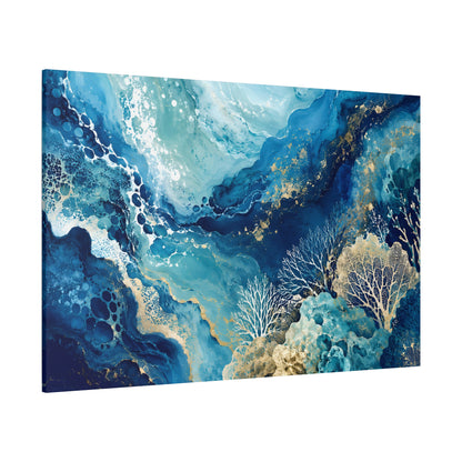 Ocean Abstract Canvas Art - Blue Gold Coral Wave, Stretched Matte Print