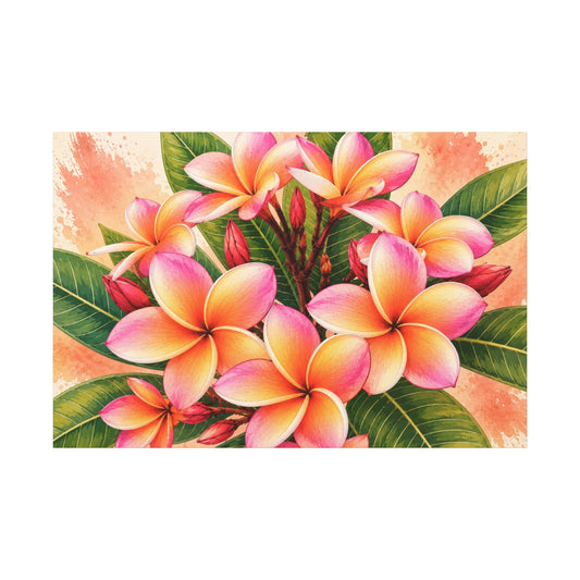 Colorful plumeria flowers with green leaves on a soft pink background