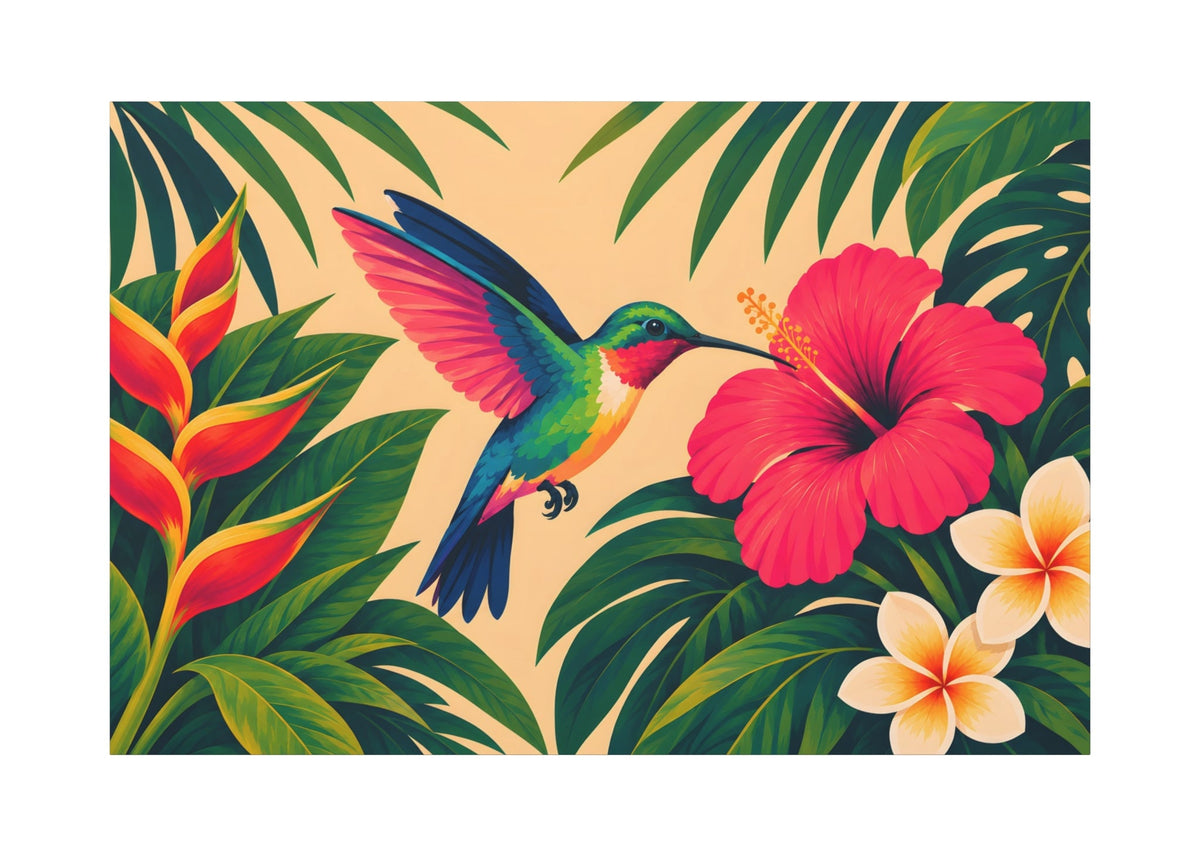A square tropical art print featuring a colorful hummingbird with pink wings hovering near a large pink hibiscus flower, surrounded by green palm and monstera leaves, red-orange heliamphora flowers, and two white plumeria flowers on a warm beige background.