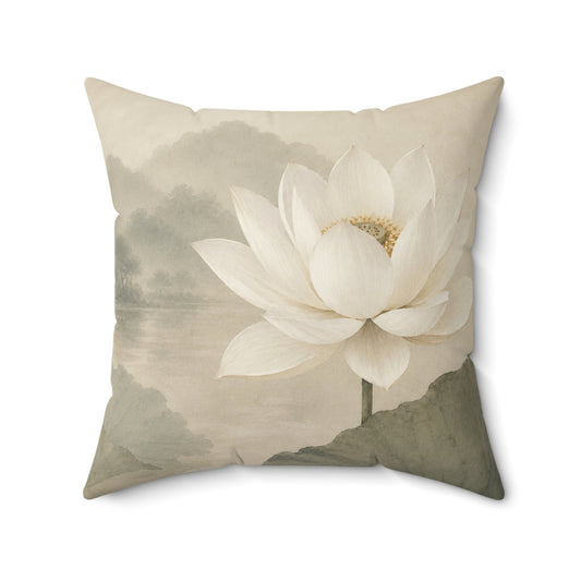 Lotus Bloom Faux Suede Pillow — Neutral Botanical Decorative Throw Pillow
