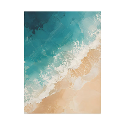 Art print of a beach scene with turquoise water and sand.