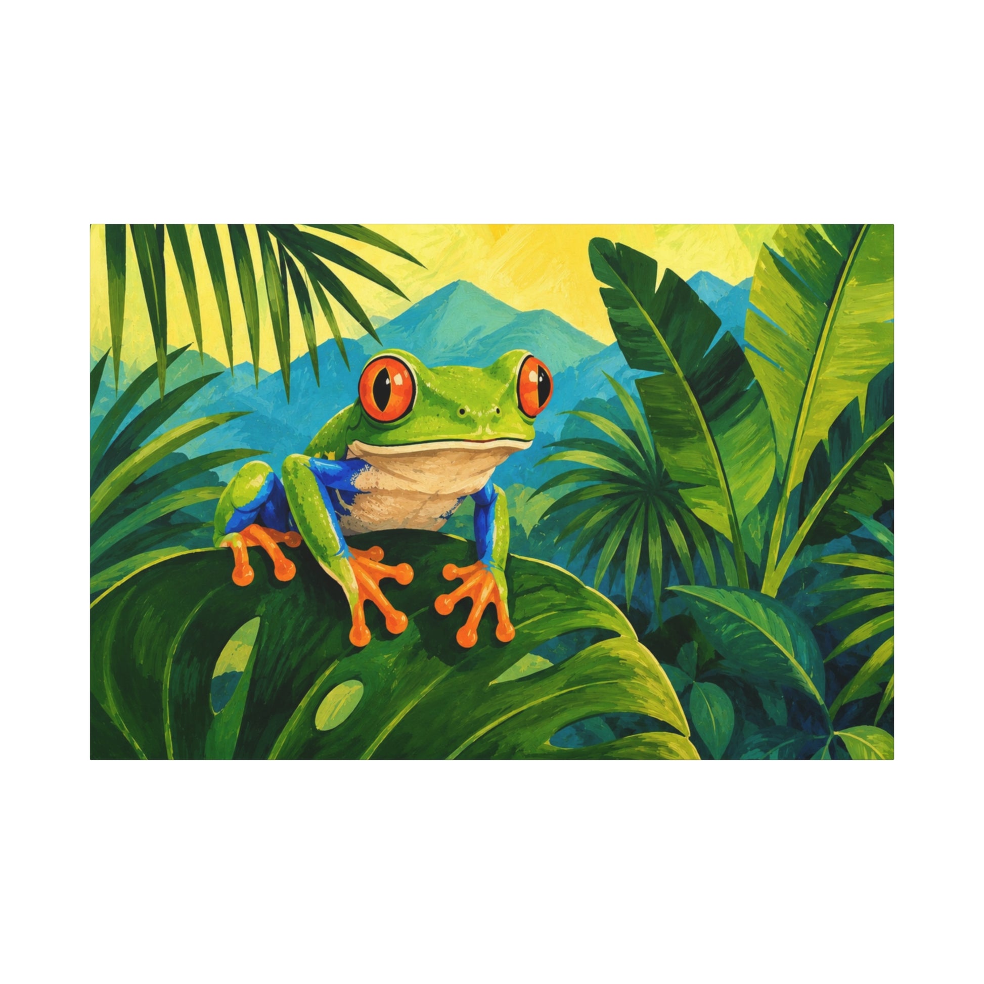 Painting of a green frog with red eyes in a jungle setting