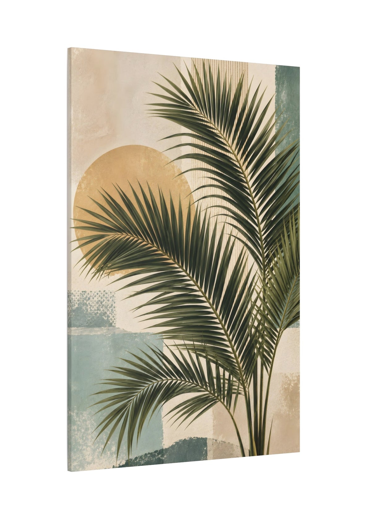 A vertical canvas wall art print featuring a stylized green palm leaf over an abstract background with a large gold circle, muted blue blocks, and cream tones, shown at a slight angle on a white background.