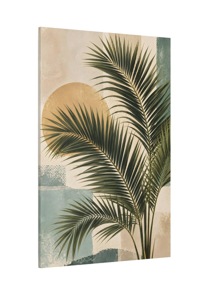 A vertical canvas wall art print featuring a stylized green palm leaf over an abstract background with a large gold circle, muted blue blocks, and cream tones, shown at a slight angle on a white background.