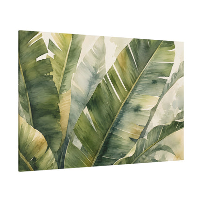 Watercolor-style wall art featuring large tropical banana leaves in soft green, olive, and beige tones on a white background.