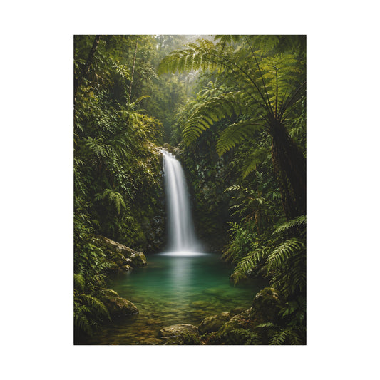 A vertical photographic print of a lush tropical rainforest scene featuring a tall waterfall flowing into a clear turquoise pool, surrounded by dense green ferns and foliage.