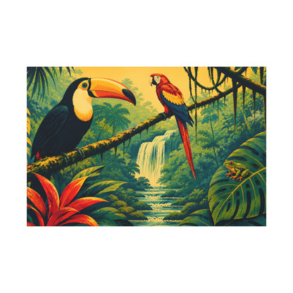 A colorful tropical jungle scene artwork featuring a toucan on the left, a red and blue parrot on a branch, lush green leaves, and a waterfall in the background, shown centered on a white backdrop.