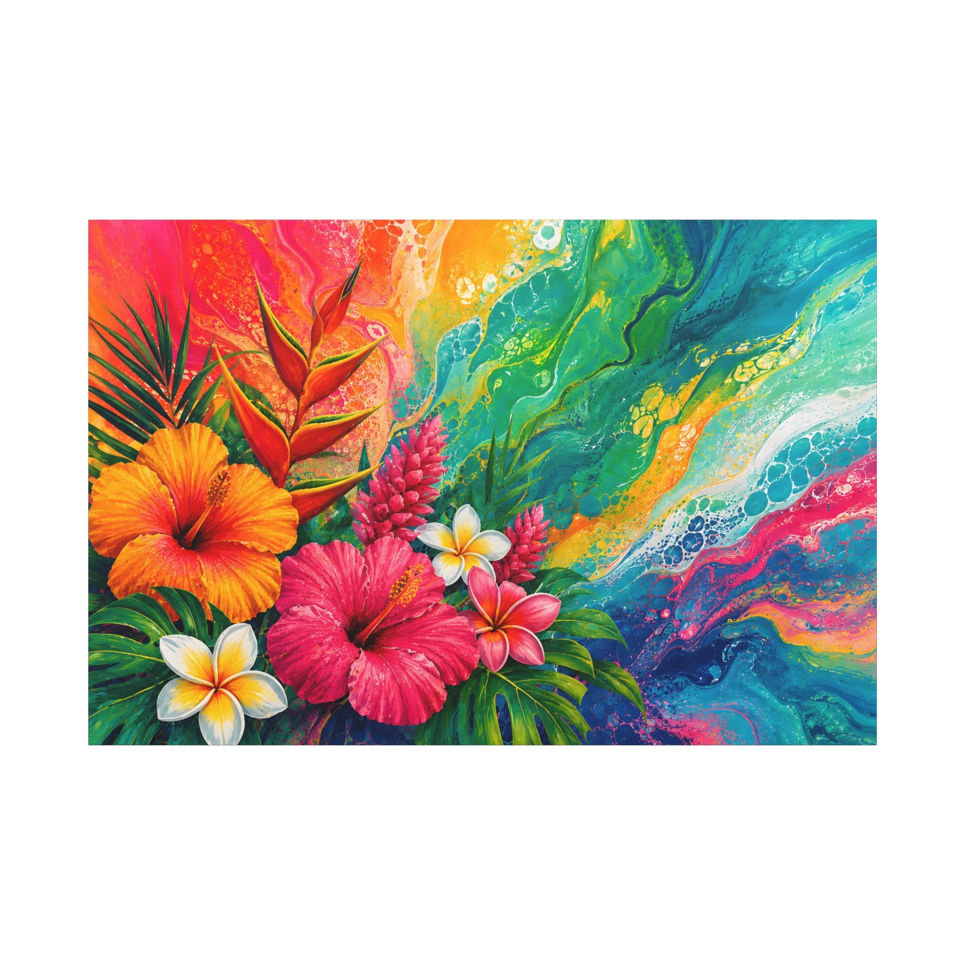 Colorful abstract painting with tropical flowers and leaves on a white background