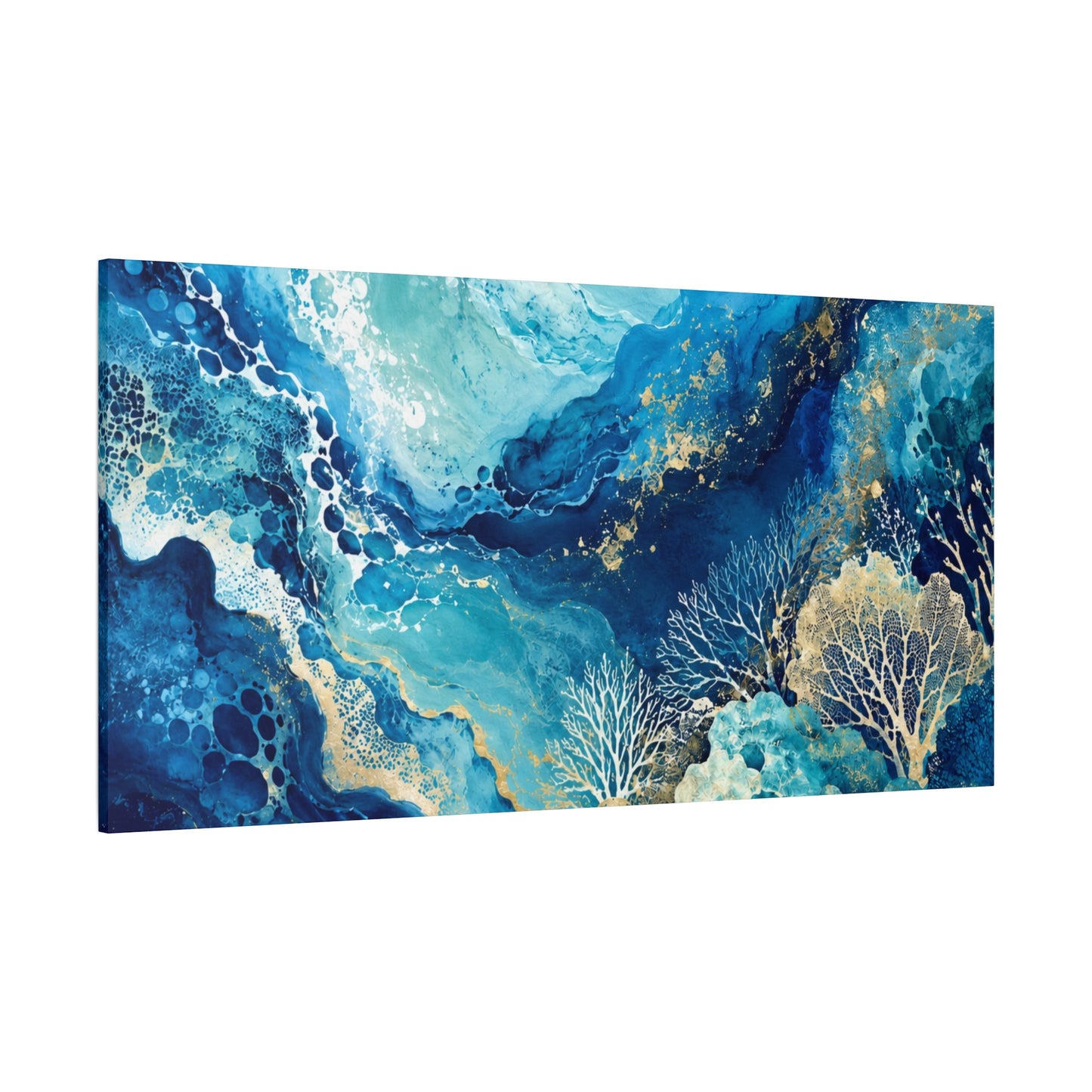 Ocean Abstract Canvas Art - Blue Gold Coral Wave, Stretched Matte Print