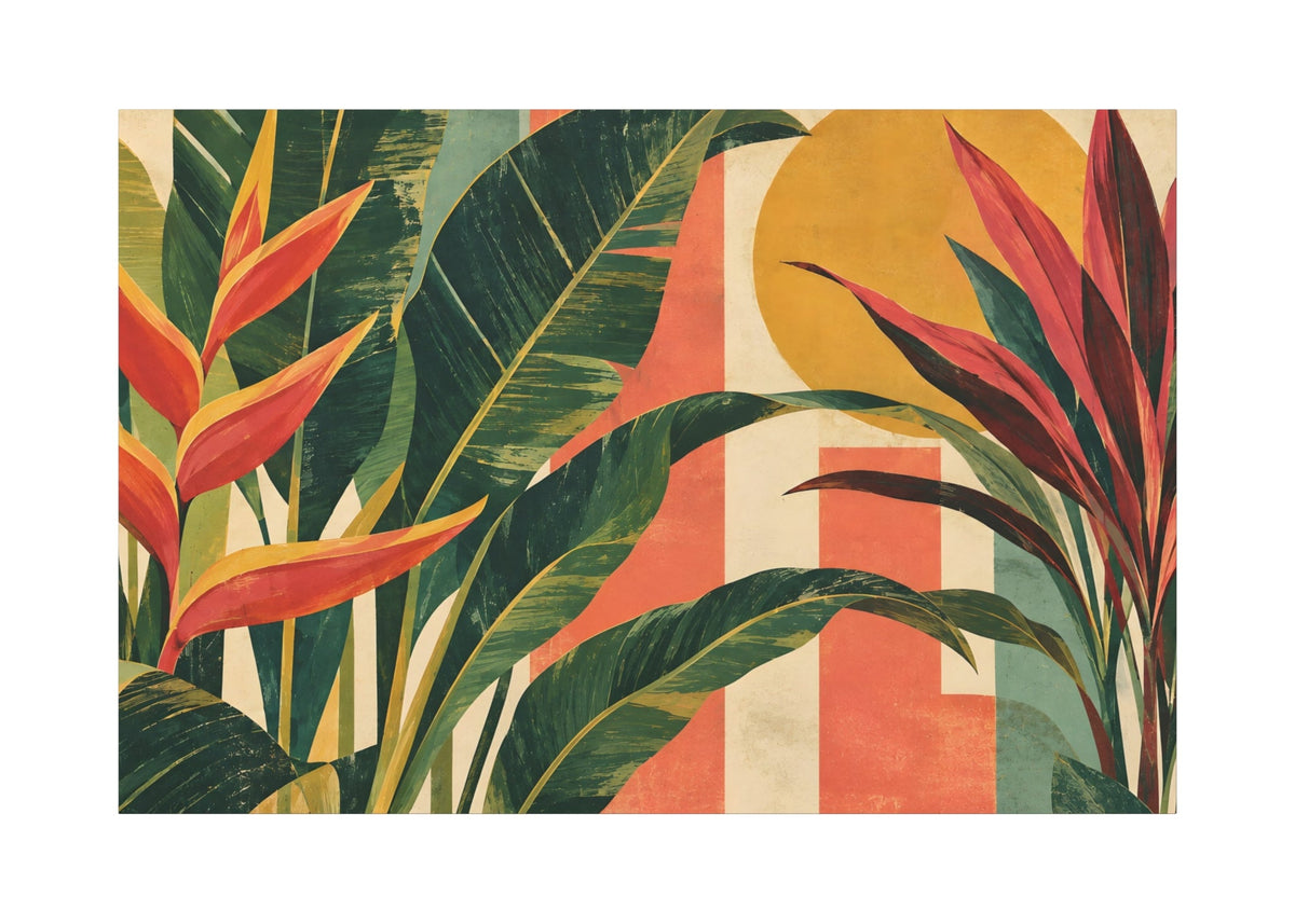 A rectangular art print featuring a tropical botanical design with large green leaves, red and orange tropical flowers, and a mustard yellow sun over coral and cream geometric blocks.