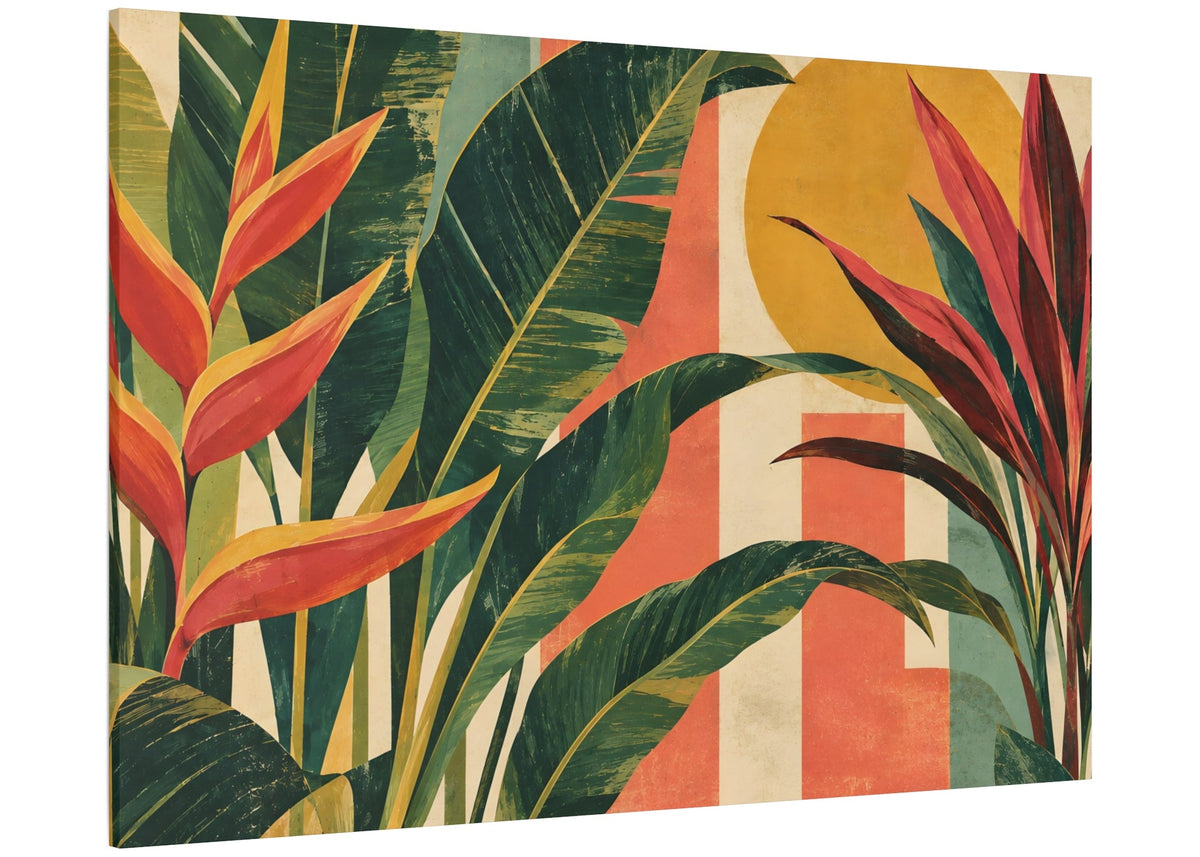 A rectangular canvas wall art print featuring a retro tropical design with green palm leaves, red and orange heliotrope flowers, and a mustard yellow sun over coral and cream vertical stripes, shown at an angle on a white background.