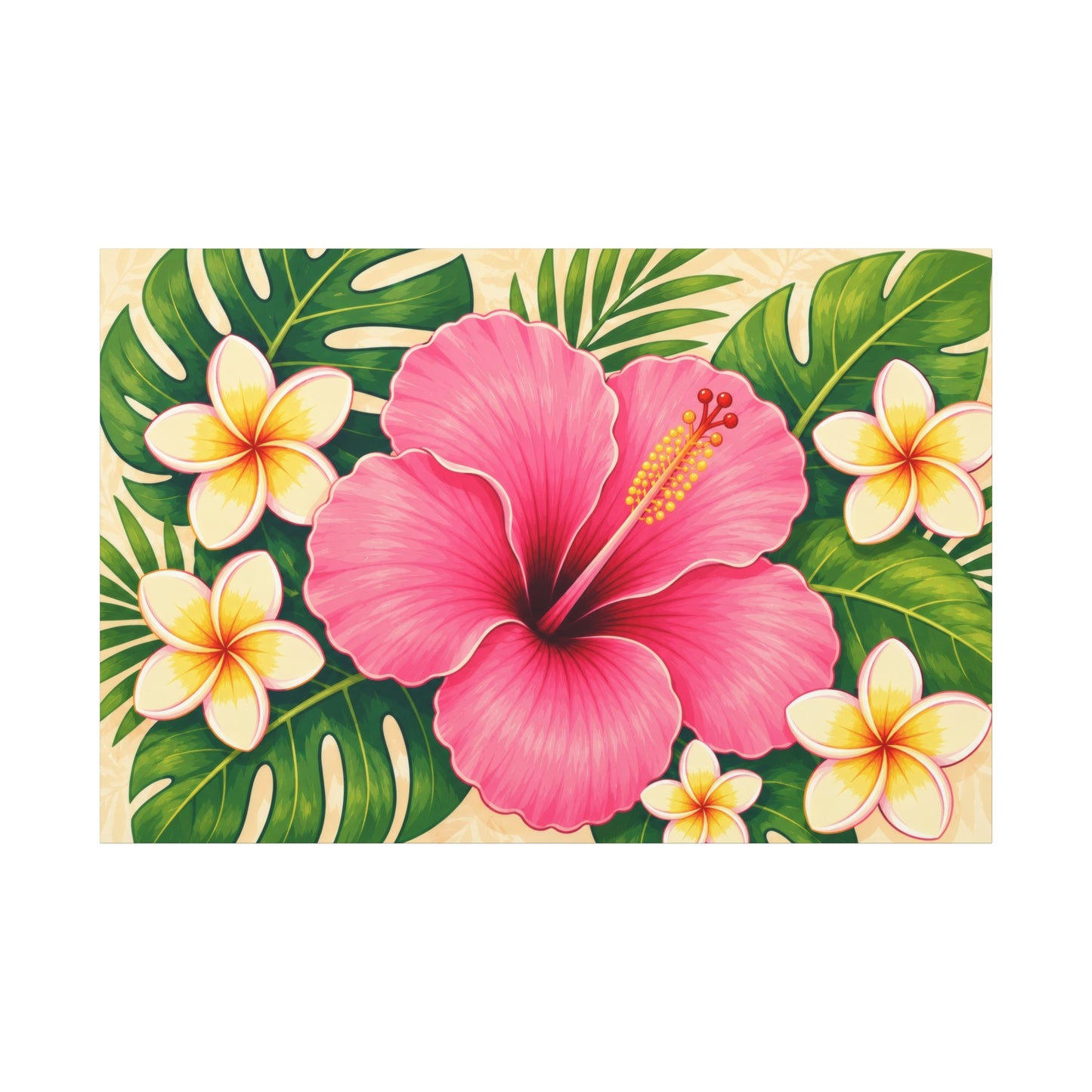 A rectangular art print featuring a large pink hibiscus flower surrounded by green tropical monstera and palm leaves, with small white and yellow plumeria flowers, centered on a light beige background.