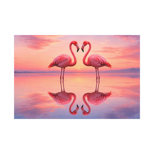 Flamingo Sunset Canvas Wall Art — Romantic Pink Flamingos Stretched Matte Print