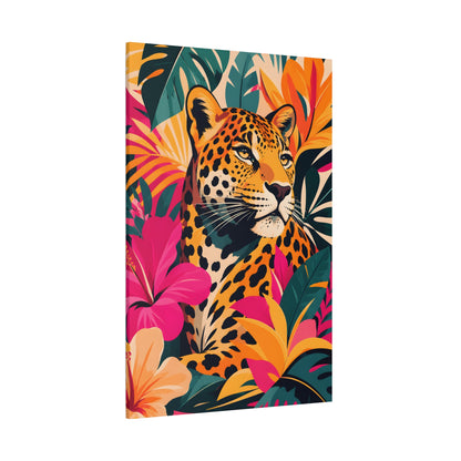 Towel with a colorful design of a leopard and tropical leaves on a white background