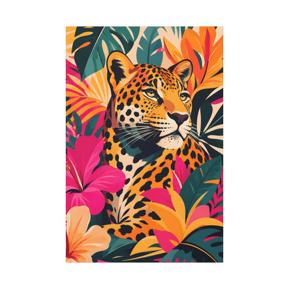 Colorful illustration of a leopard surrounded by tropical leaves and flowers on a white background