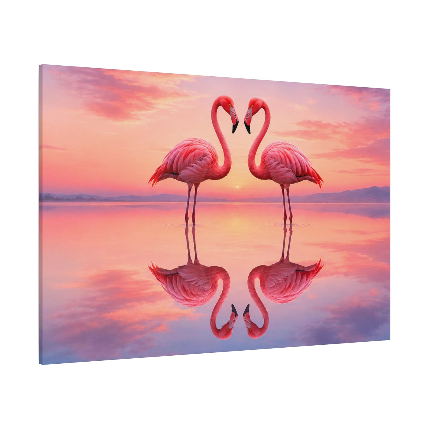 Flamingo Sunset Canvas Wall Art — Romantic Pink Flamingos Stretched Matte Print