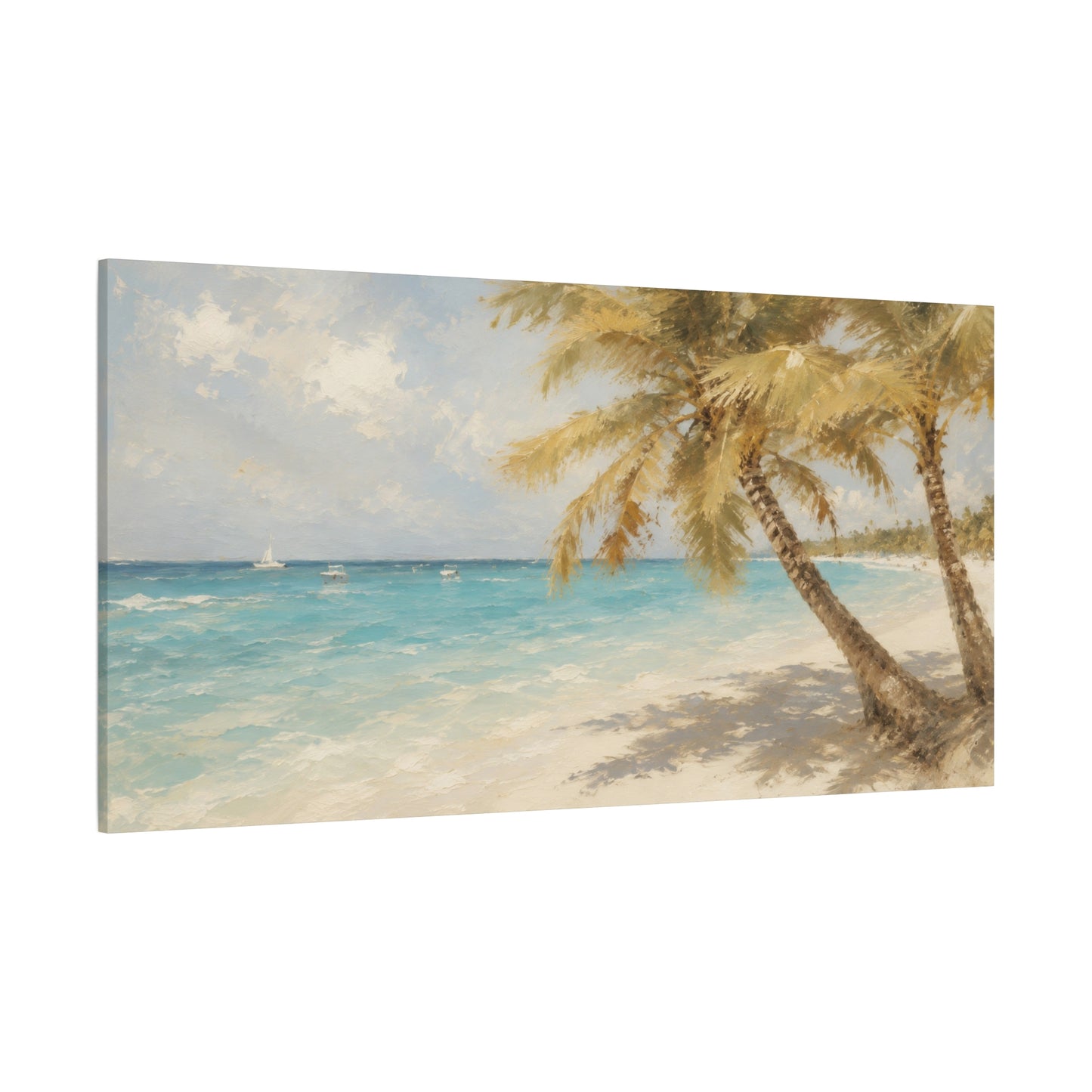 Tropical Beach Canvas Wall Art - Palm Trees Seascape Matte Stretched Canvas