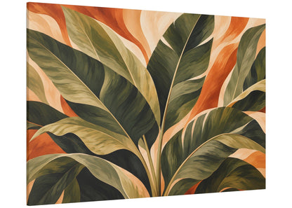 A rectangular canvas wall art print featuring a stylized tropical leaf design in dark green, beige, and warm orange tones, shown at a slight angle on a plain white background.