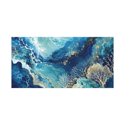 Ocean Abstract Canvas Art - Blue Gold Coral Wave, Stretched Matte Print