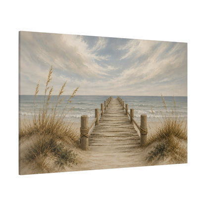 Painting of a wooden dock extending into the ocean with grasses on either side.