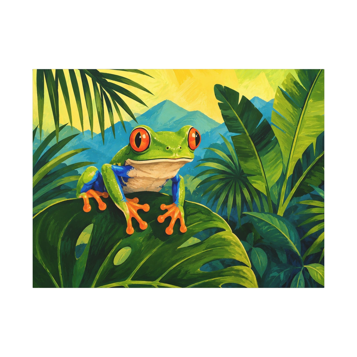 Painting of a colorful frog in a tropical setting with leaves and mountains.