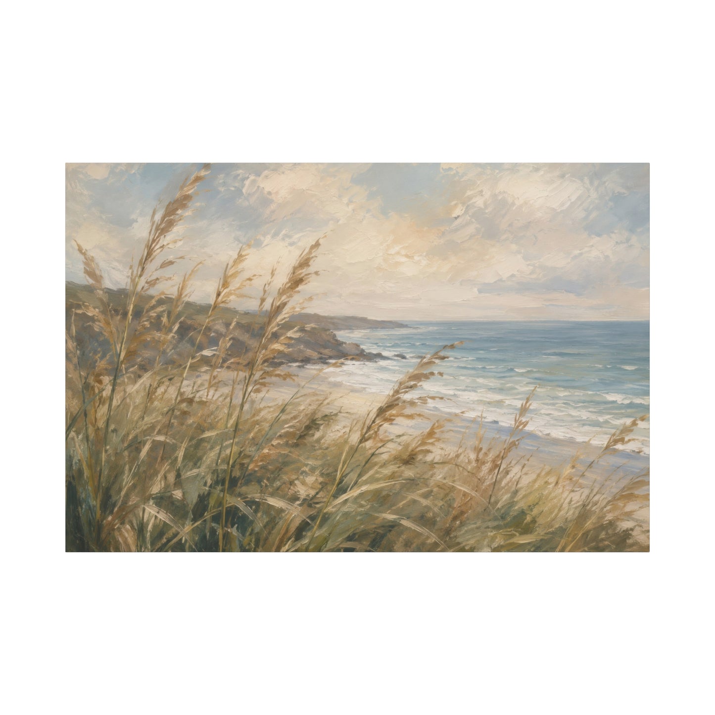 A landscape painting of a coastal seascape with golden beach grass in the foreground, blue ocean water, distant cliffs, and a cloudy sky.