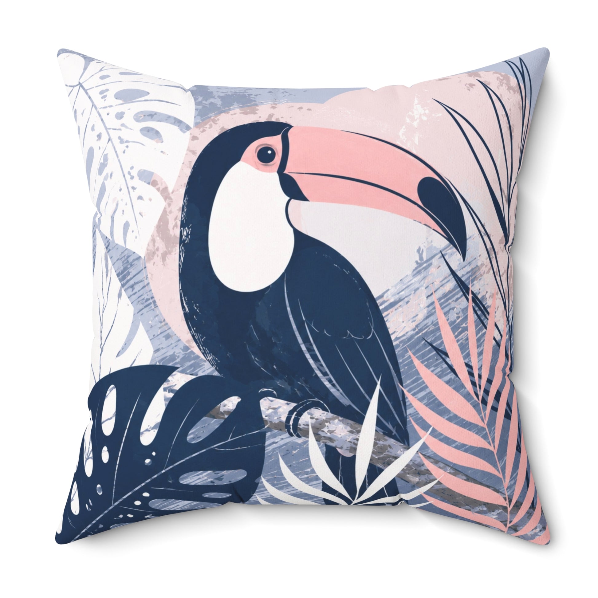 Decorative pillow with a toucan design on a white background
