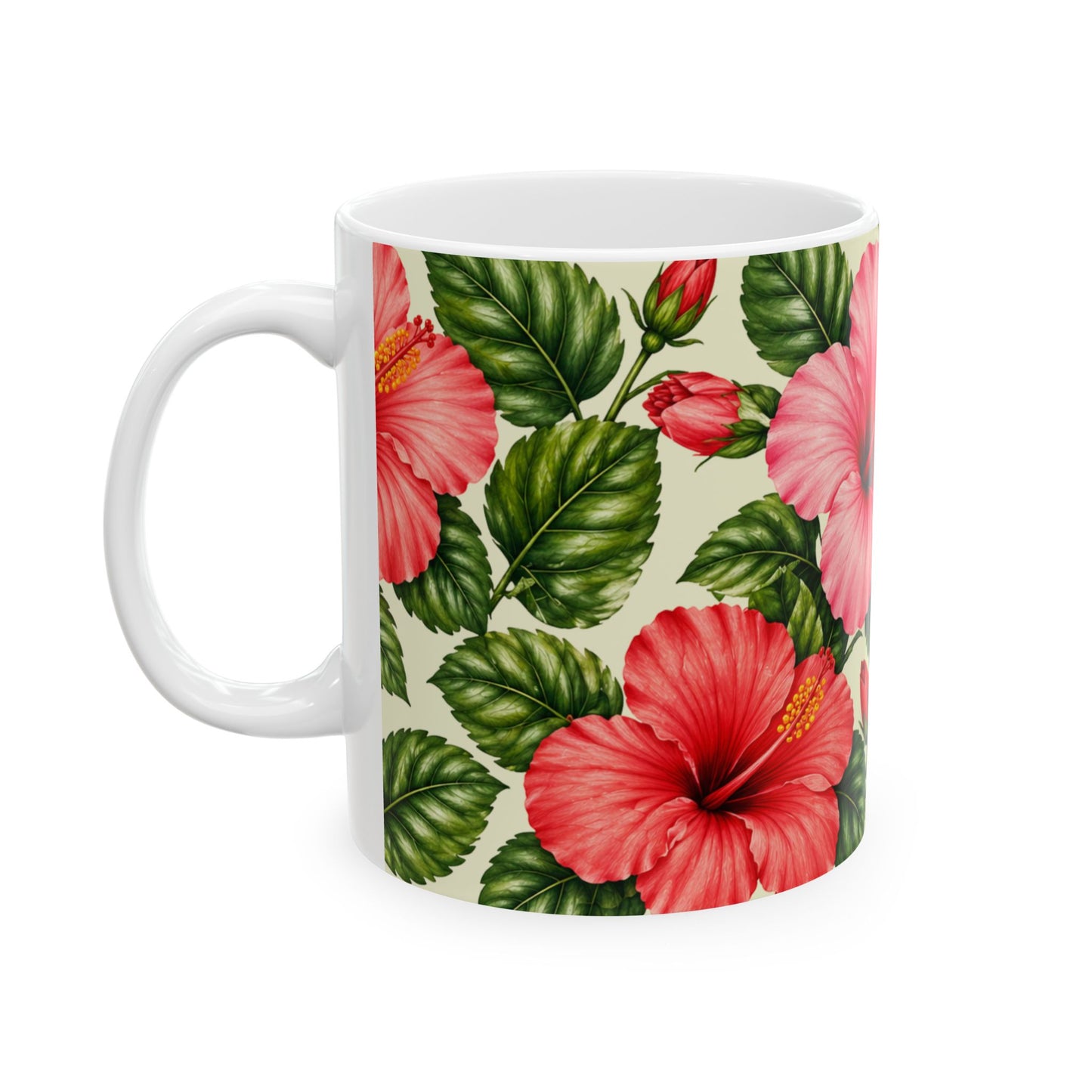 Hibiscus Floral Ceramic Mug — Tropical Pink & Peach Flower Coffee Cup (11oz, 15oz)