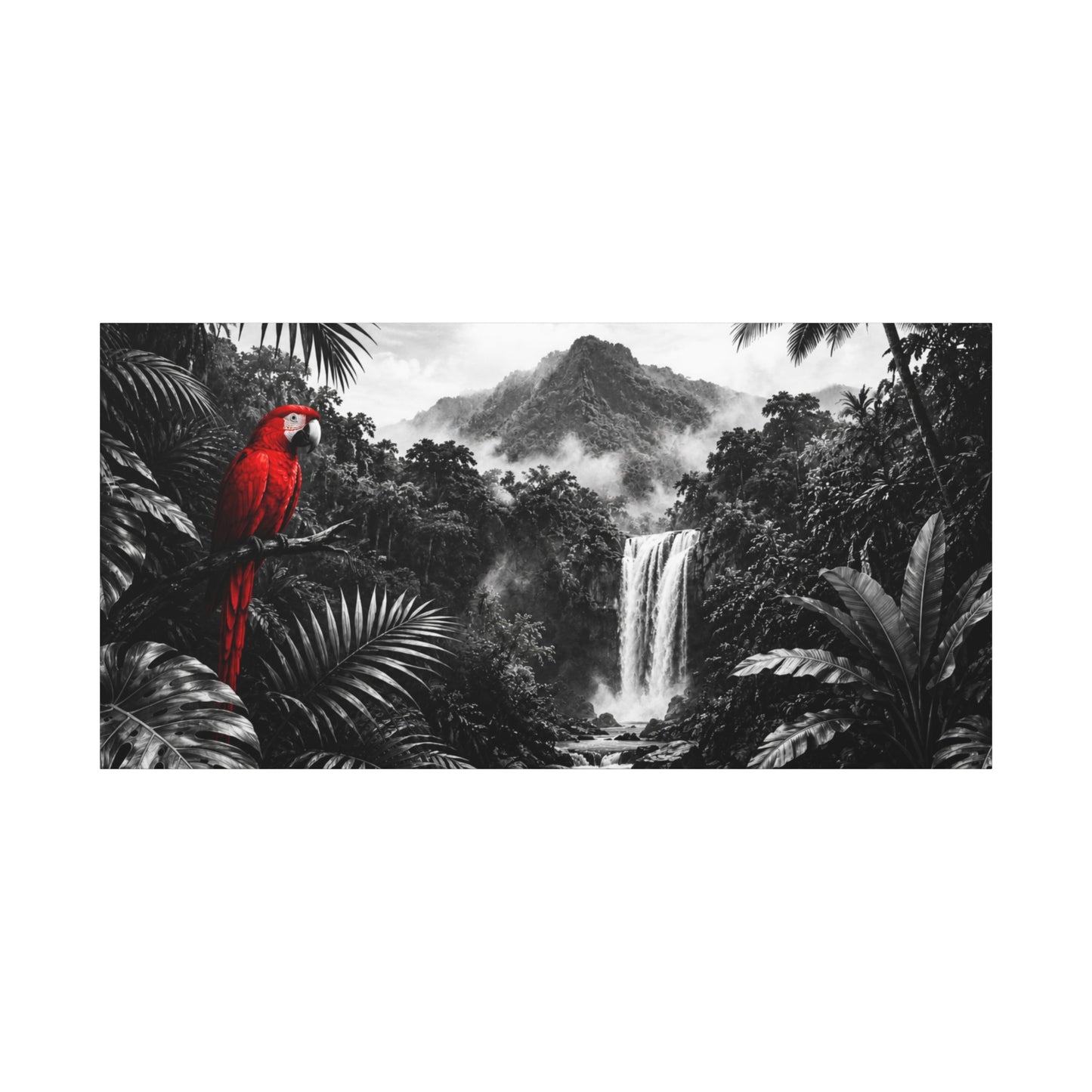 Tropical Waterfall Canvas Print — Black & White Jungle with Red Macaw