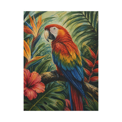 Colorful parrot on a branch with tropical leaves and flowers