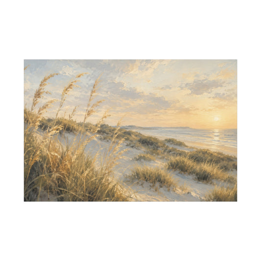 A rectangular landscape painting of a beach dune scene at sunset, with golden grasses in the foreground, pale sand, calm water, and a glowing sun on the horizon, shown against a white background.