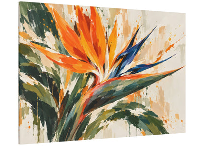 A square canvas wall art print featuring an abstract painting of a bird of paradise flower, shown at an angle against a plain white background.