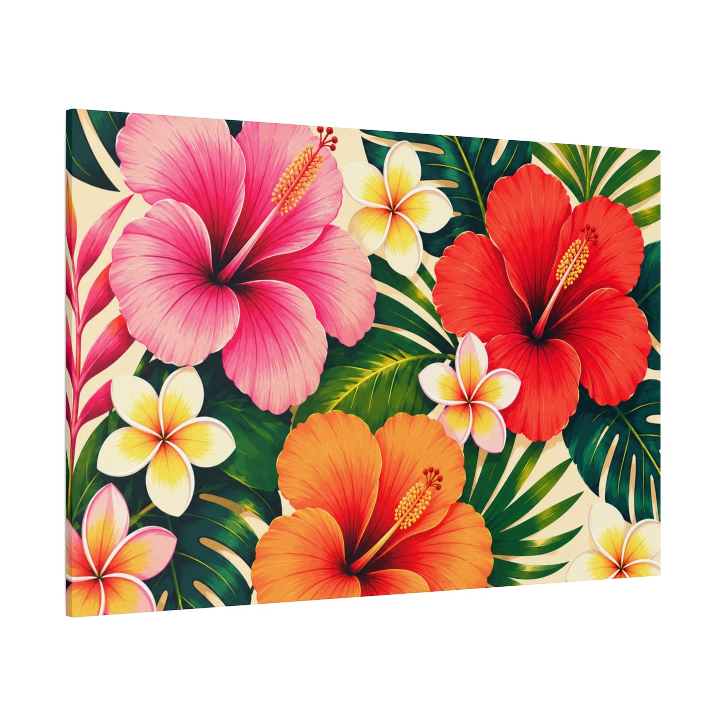 Tropical Hibiscus & Frangipani Canvas Wall Art — Vibrant Floral Matte Stretched Print
