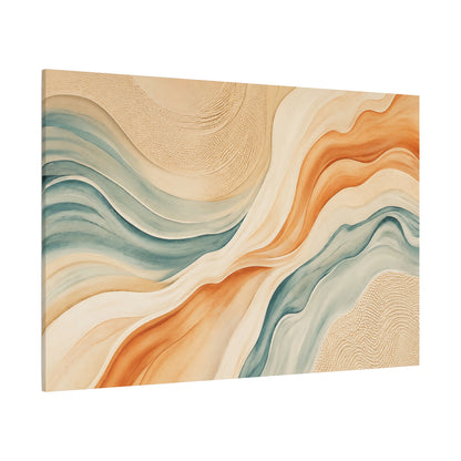 Abstract art piece with wavy patterns in beige, orange, and blue on a white background