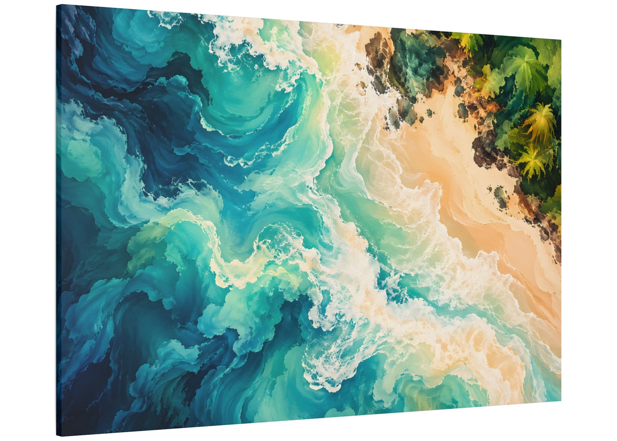 Abstract canvas wall art featuring swirling ocean-like waves in teal, blue, white, and beige, with a darker green and brown textured area in the upper right, shown at an angle on a white background.