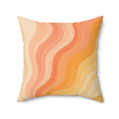 Retro Wavy Sunset Faux Suede Throw Pillow - Boho Orange & Peach Decorative Cushion