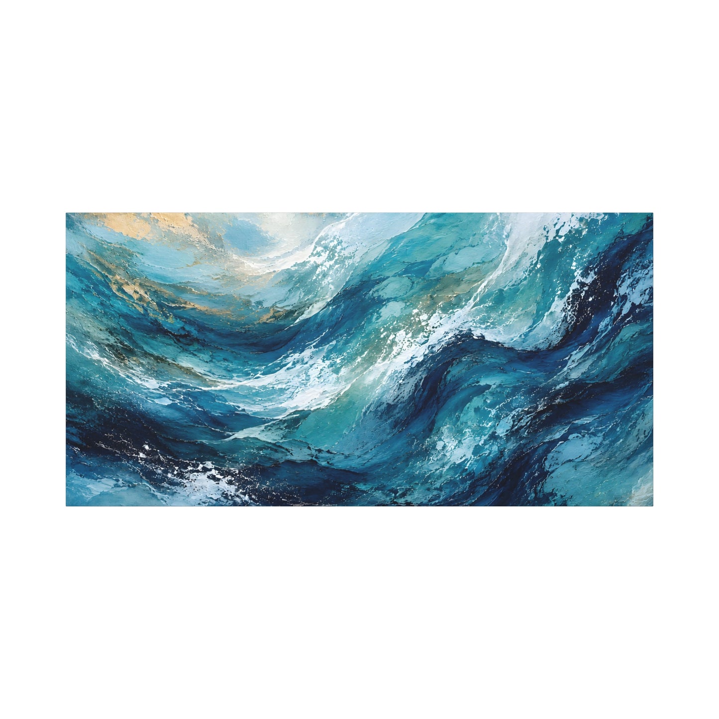 Abstract painting of swirling blue and gold colors on a white background