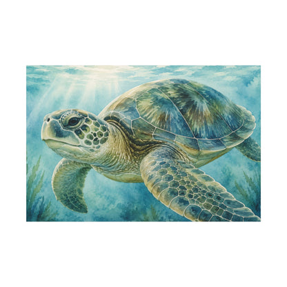 A square art print depicting a sea turtle swimming underwater, surrounded by blue-green water and light rays from above, shown against a white background.